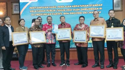 Kanwil BPN DKI dan Kantah Se-DKI Jakarta Dapat Penghargaan Kepatuhan dari Ombudsman
